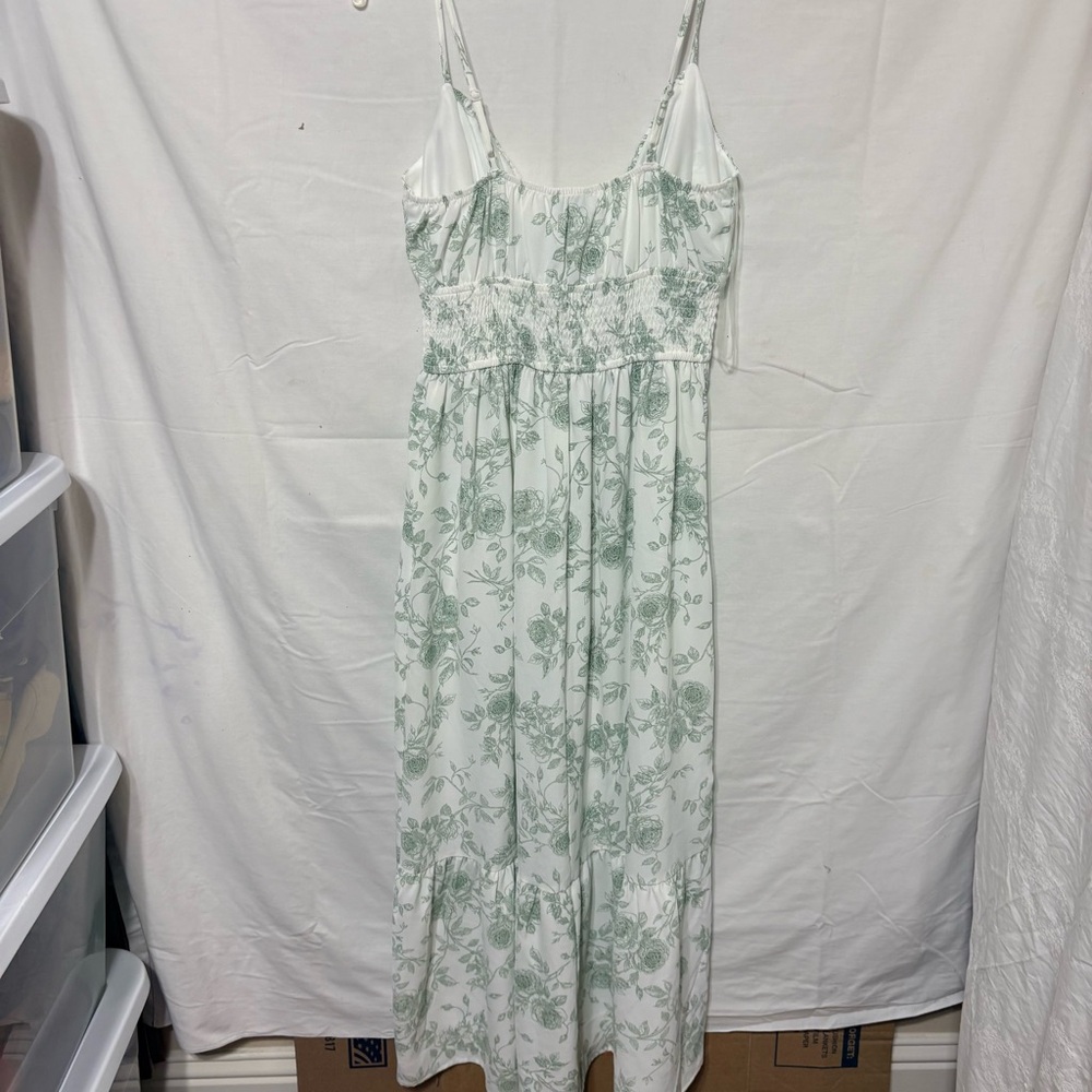 Ivory green floral ruffle trim midi dress with a floral print, smocked waist, - Picture 5 of 10